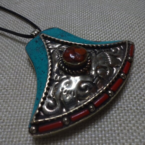 Tribal TURQUOISE & RED CORAL Handmade Sterling Silver Pendant/Cord #238C - Picture 3 of 3